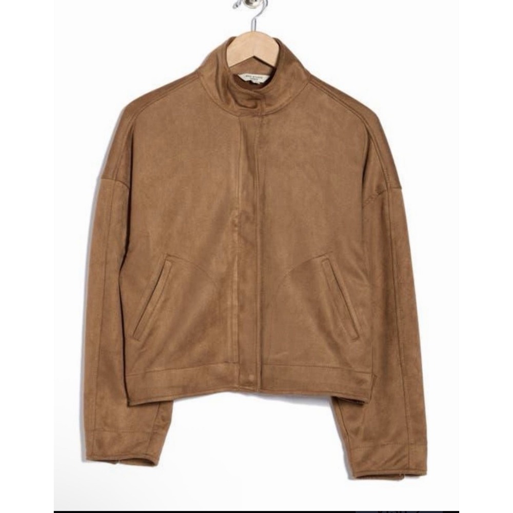 NWT $198 Max Studio L Vicuna Brown Faux Suede Bomber Jacket Zip & Snap Front